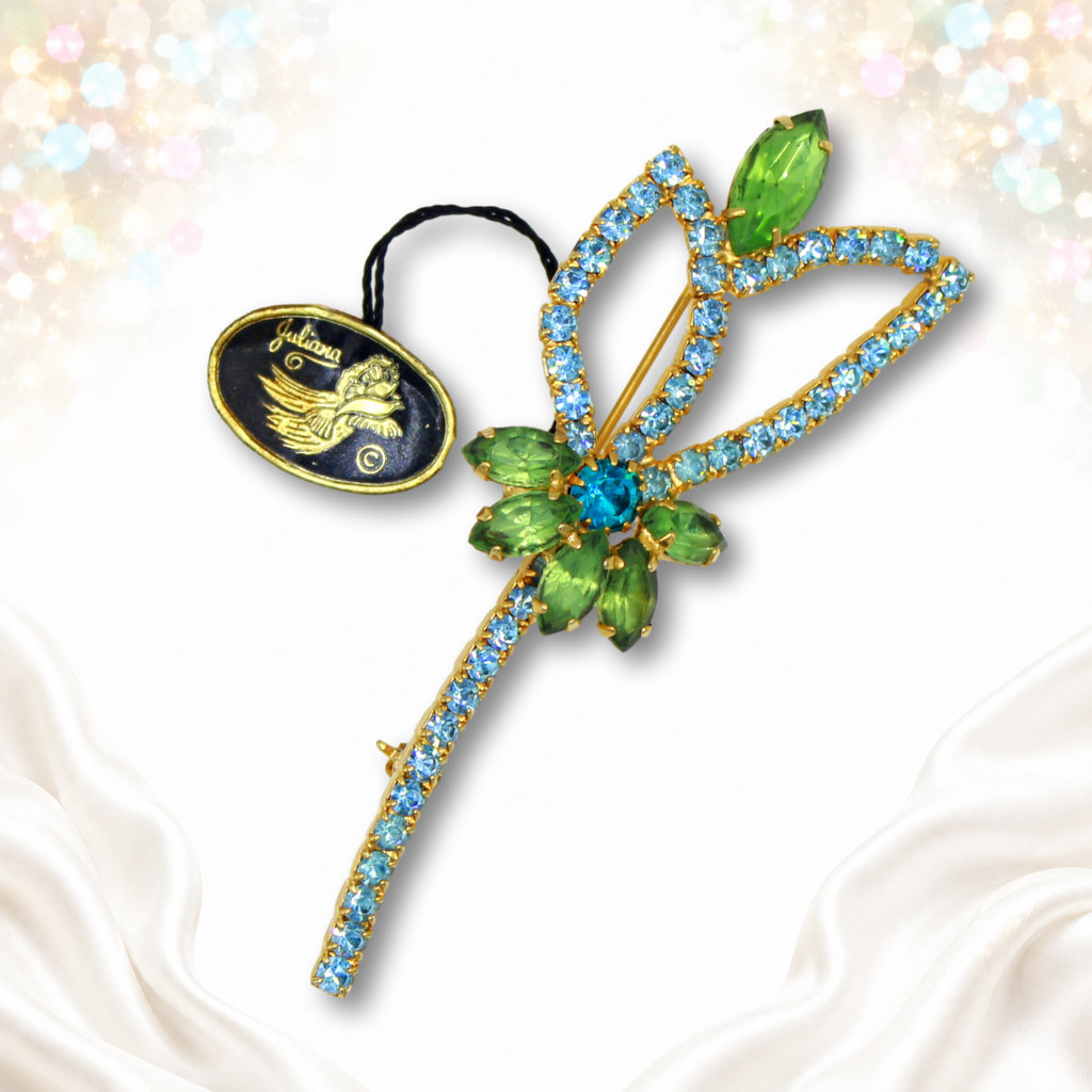 Tagged Juliana light blue and peridot green rhinestone stylized flower brooch IIJJ 8804
