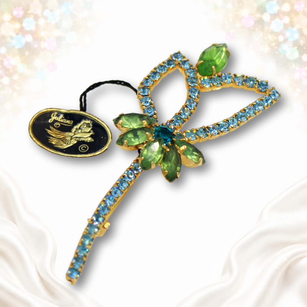 Tagged Juliana light blue and peridot green rhinestone stylized flower brooch IIJJ 8804