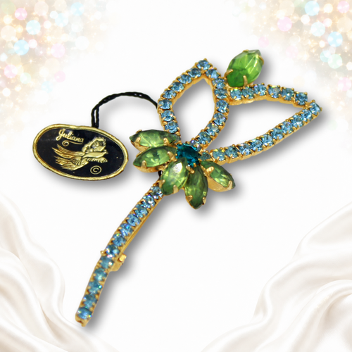 Tagged Juliana light blue and peridot green rhinestone stylized flower brooch IIJJ 8804