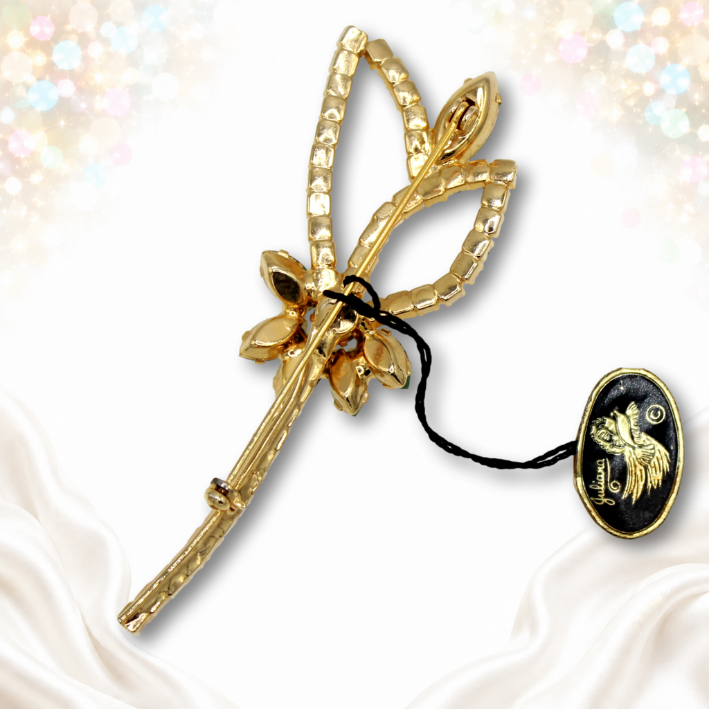Reverse of tagged Juliana light blue and peridot green flower brooch IIJJ 8804