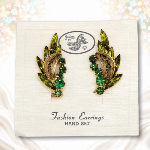 NOS Juliana olivine and green rhinestone filigree leaf ear climber earrings on original card IIJJ 9784