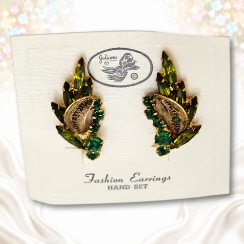 NOS Juliana olivine and green rhinestone filigree leaf ear climber earrings on original card IIJJ 9784
