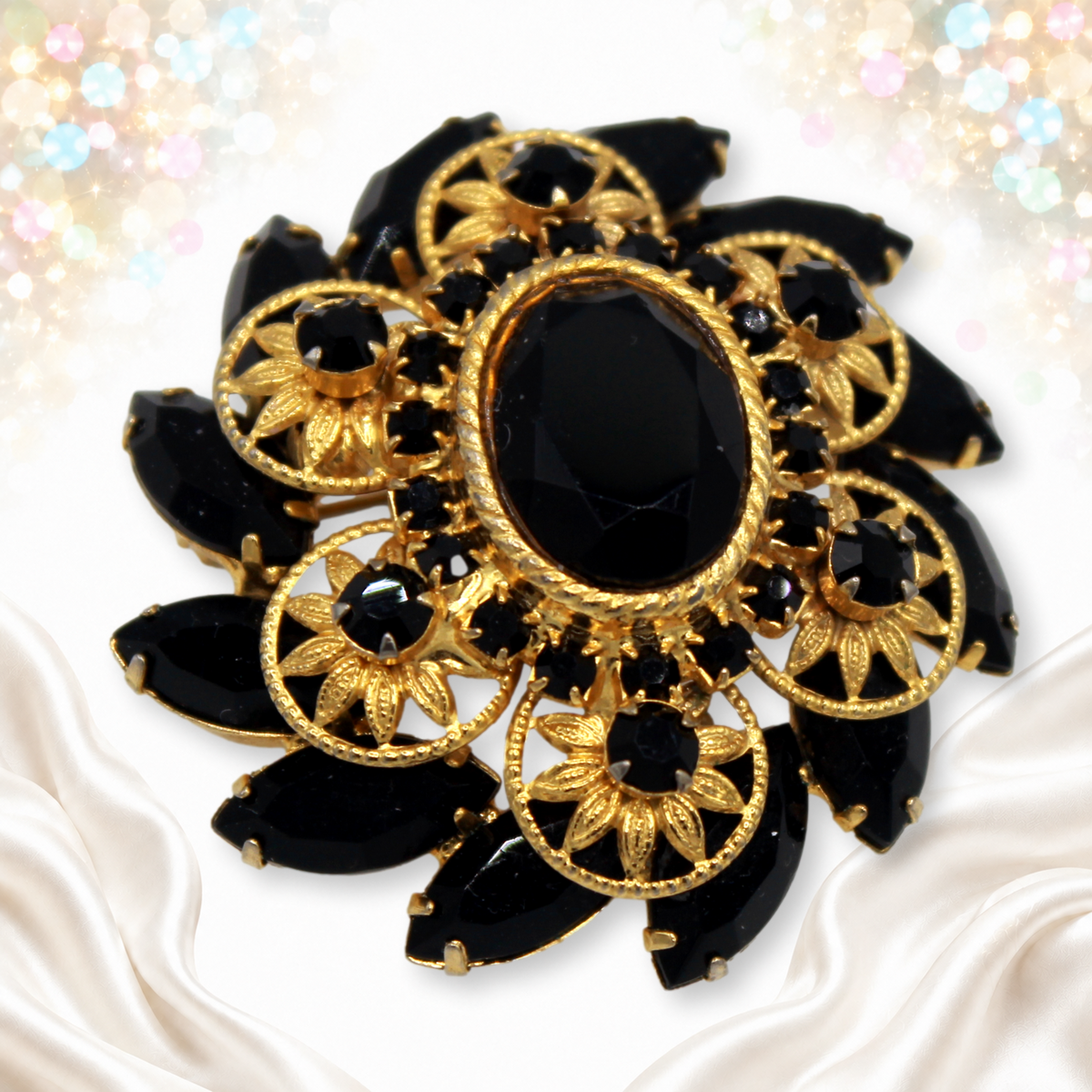 Juliana black rhinestone brooch angled view of layered construction