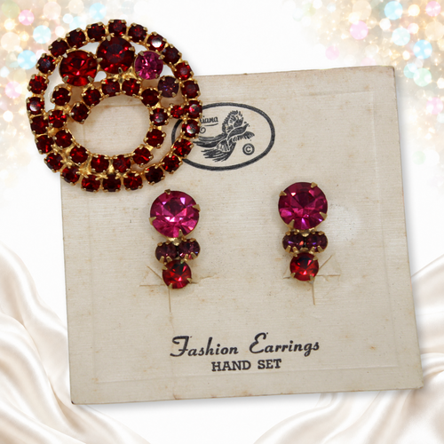 Original-card Juliana fuchsia purple and red rhinestone brooch and clip earrings set