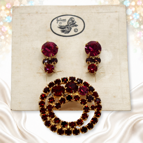 Original-card Juliana fuchsia purple and red rhinestone brooch and clip earrings set