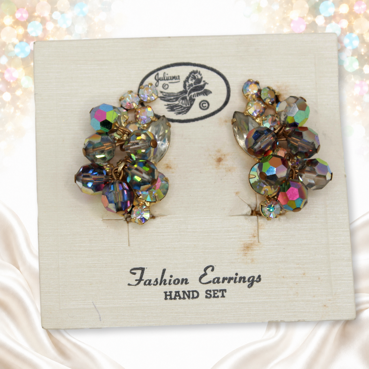 Vintage Juliana gray AB crystal bead and rhinestone cha-cha earrings on original card