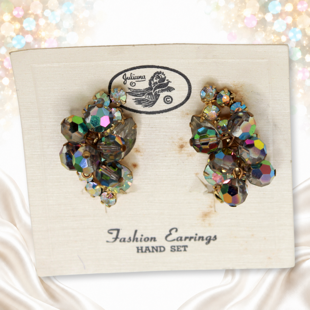 Vintage Juliana gray AB crystal bead and rhinestone cha-cha earrings on original card