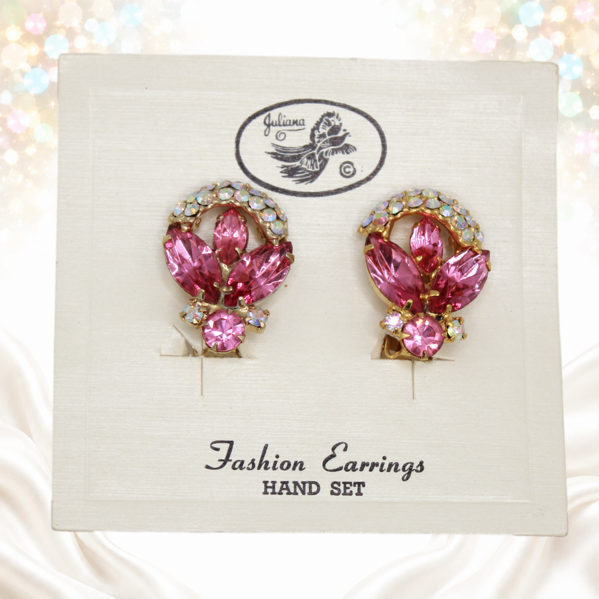 Carded Juliana pink navettes and AB rhinestone ribbon earrings detail