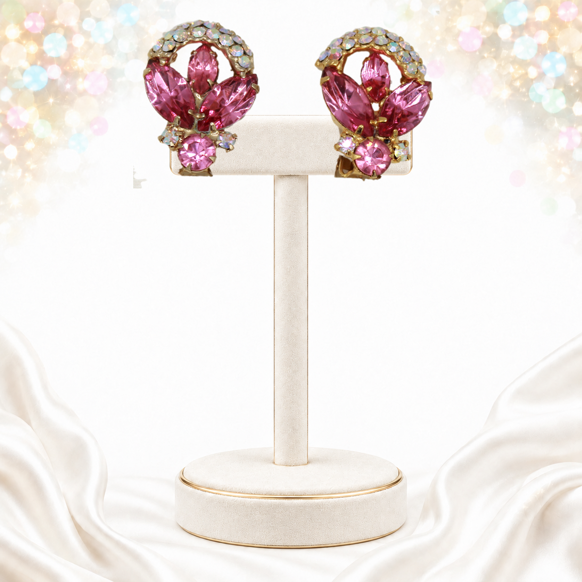 Pink navette and AB chaton Juliana ribbon-family earrings on cream stand