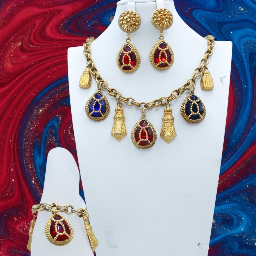Vintage Juliana Rhinestone Caged Stone Charm Necklace Bracelet Earrings Set IIJJ#9219