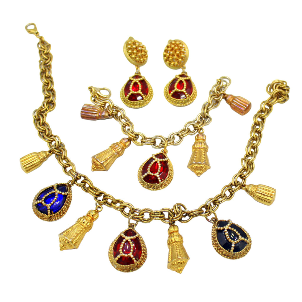 Vintage Juliana Rhinestone Caged Stone Charm Necklace Bracelet Earrings Set IIJJ#9219