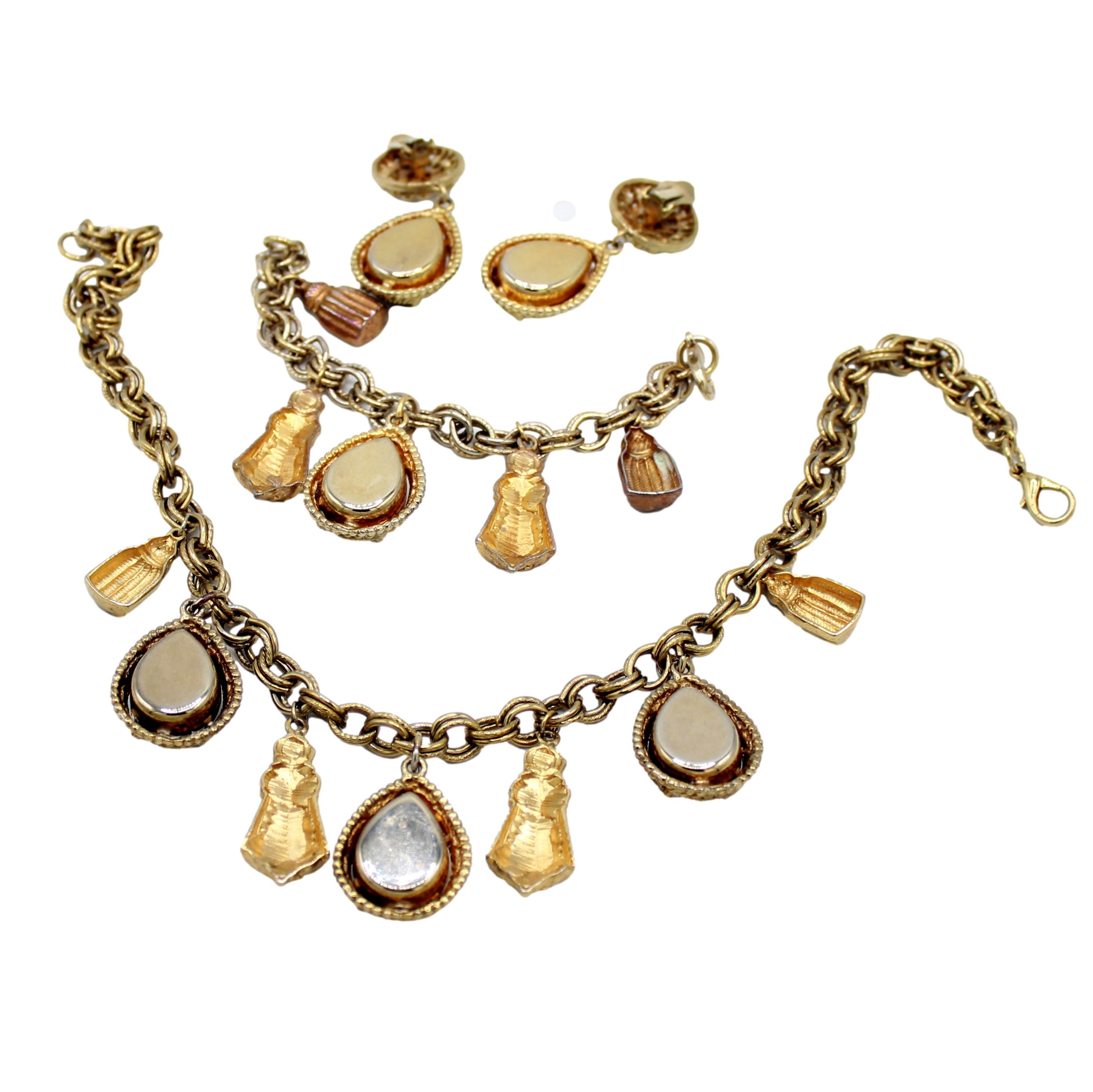 Vintage Juliana Rhinestone Caged Stone Charm Necklace Bracelet Earrings Set IIJJ#9219