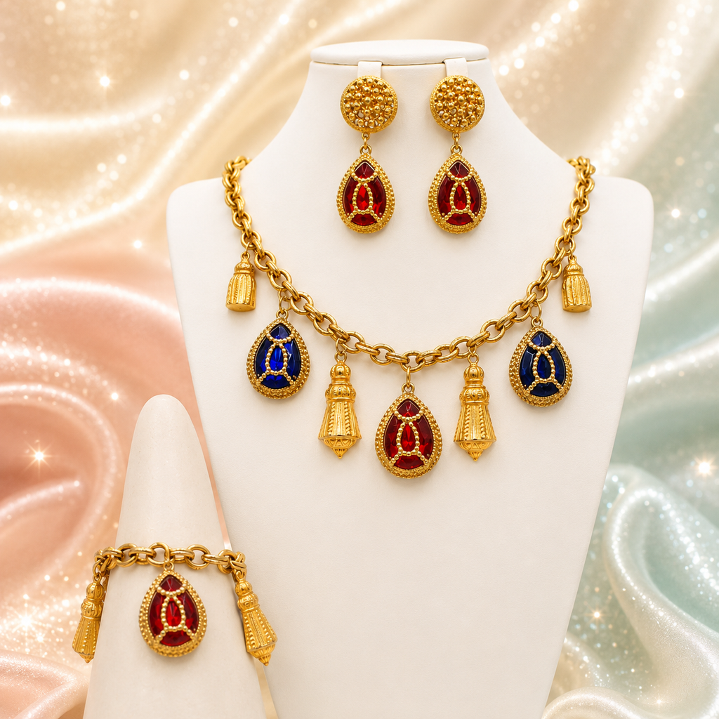 Vintage Juliana Rhinestone Caged Stone Charm Necklace Bracelet Earrings Set IIJJ#9219