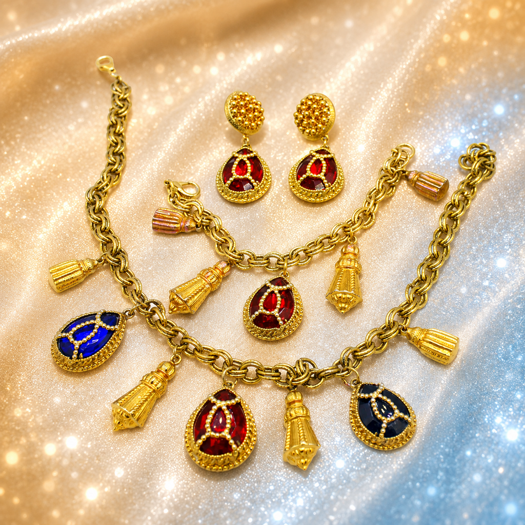 Vintage Juliana Rhinestone Caged Stone Charm Necklace Bracelet Earrings Set IIJJ#9219