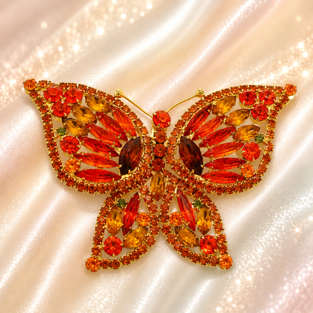 Vintage Juliana Figural Orange Butterfly Rhinestone Brooch Book Piece IIJJ#9292