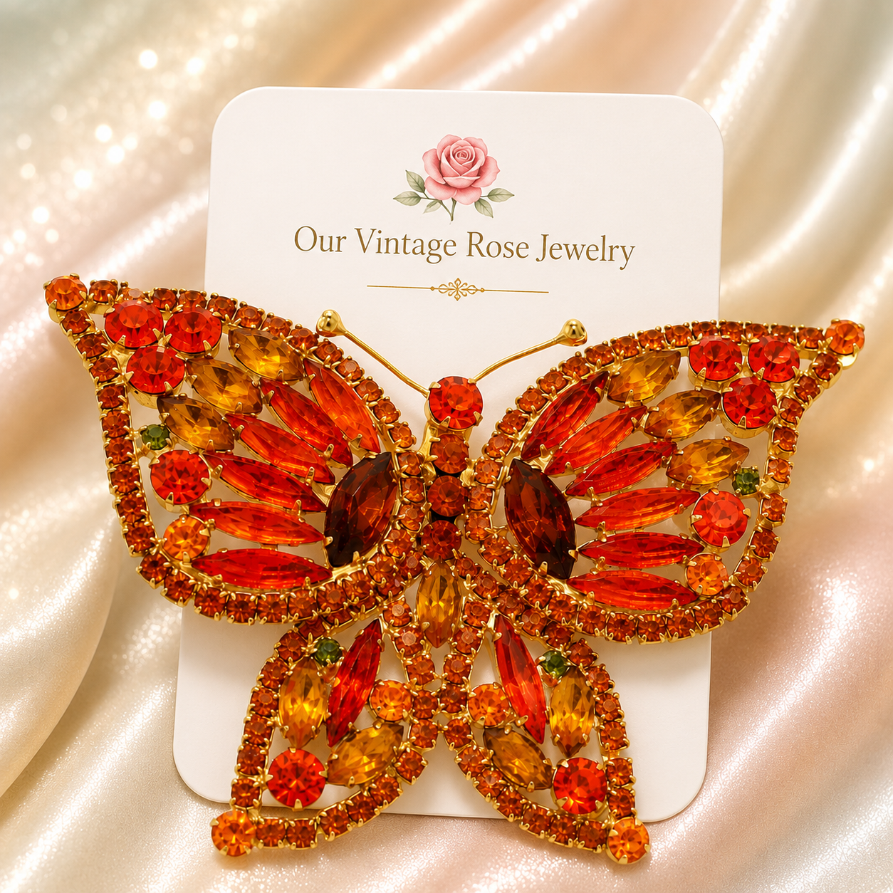 Vintage Juliana Figural Orange Butterfly Rhinestone Brooch Book Piece IIJJ#9292
