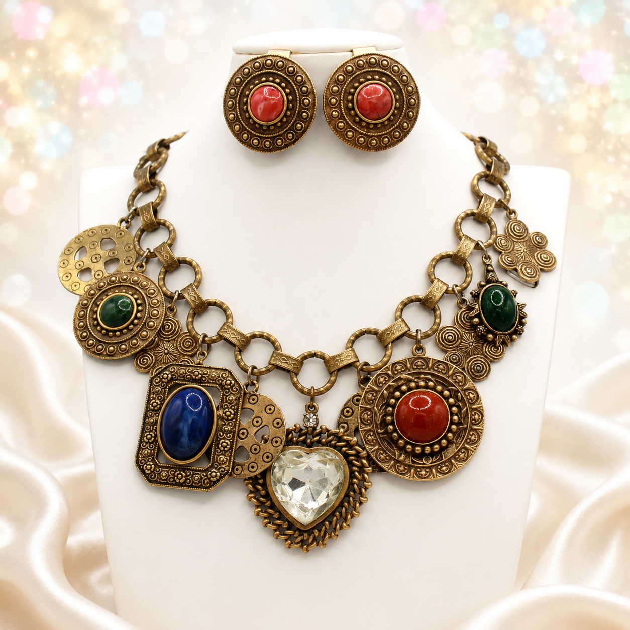 Vintage JULIANA for Les Bernard Fancy Dangle Charm Necklace Earrings Set IIJJ#6424