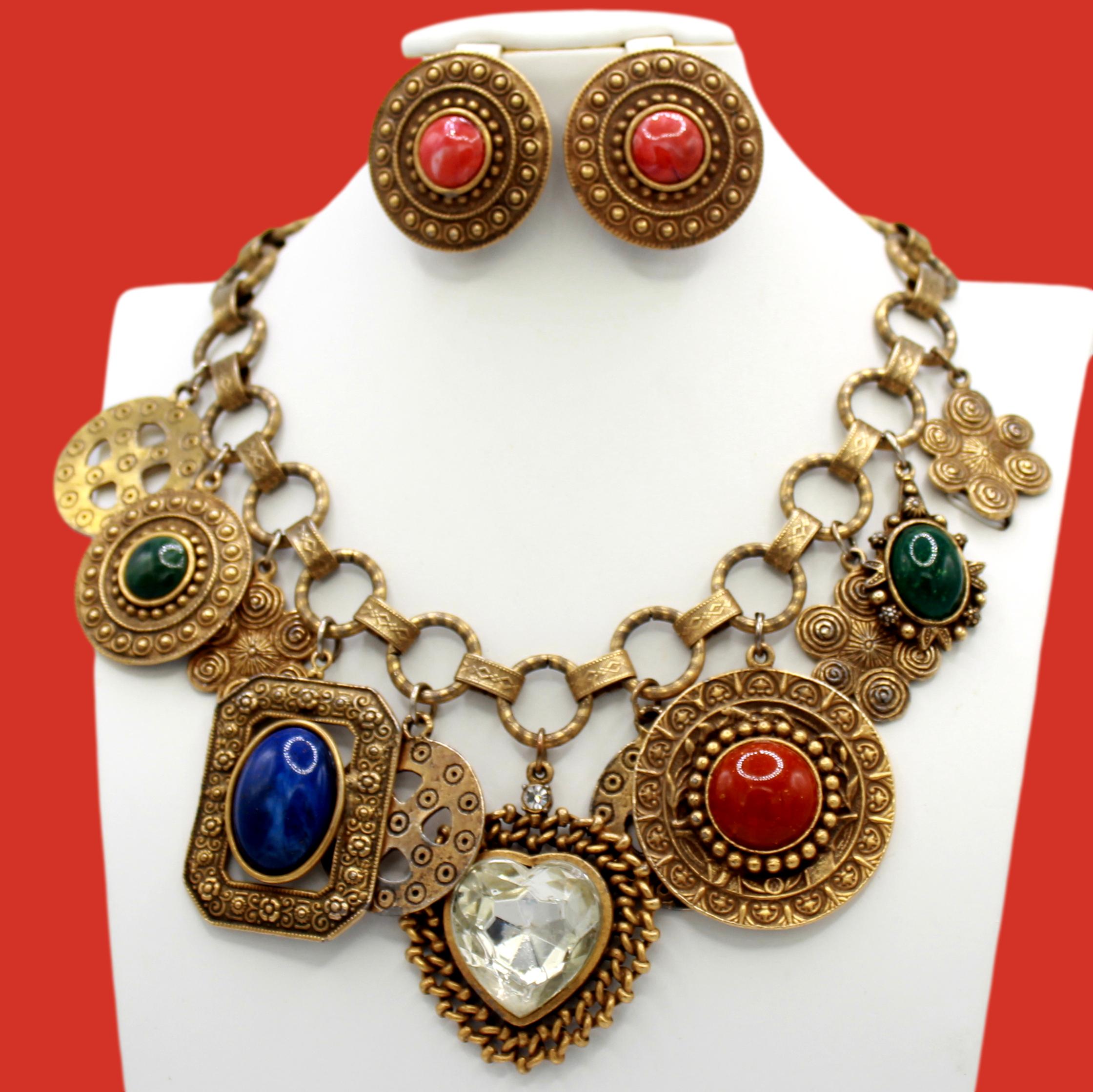 Vintage JULIANA for Les Bernard Fancy Dangle Charm Necklace Earrings Set IIJJ#6424