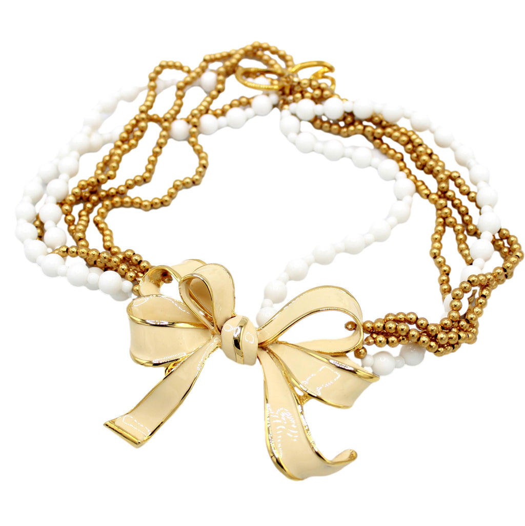 Vintage JULIANA for Les Bernard Cream Enamel Bow Bead Ball Chain Necklace IIJJ#9010
