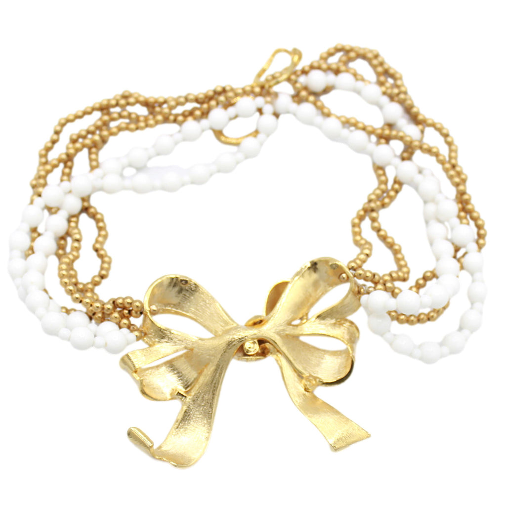 Vintage JULIANA for Les Bernard Cream Enamel Bow Bead Ball Chain Necklace IIJJ#9010