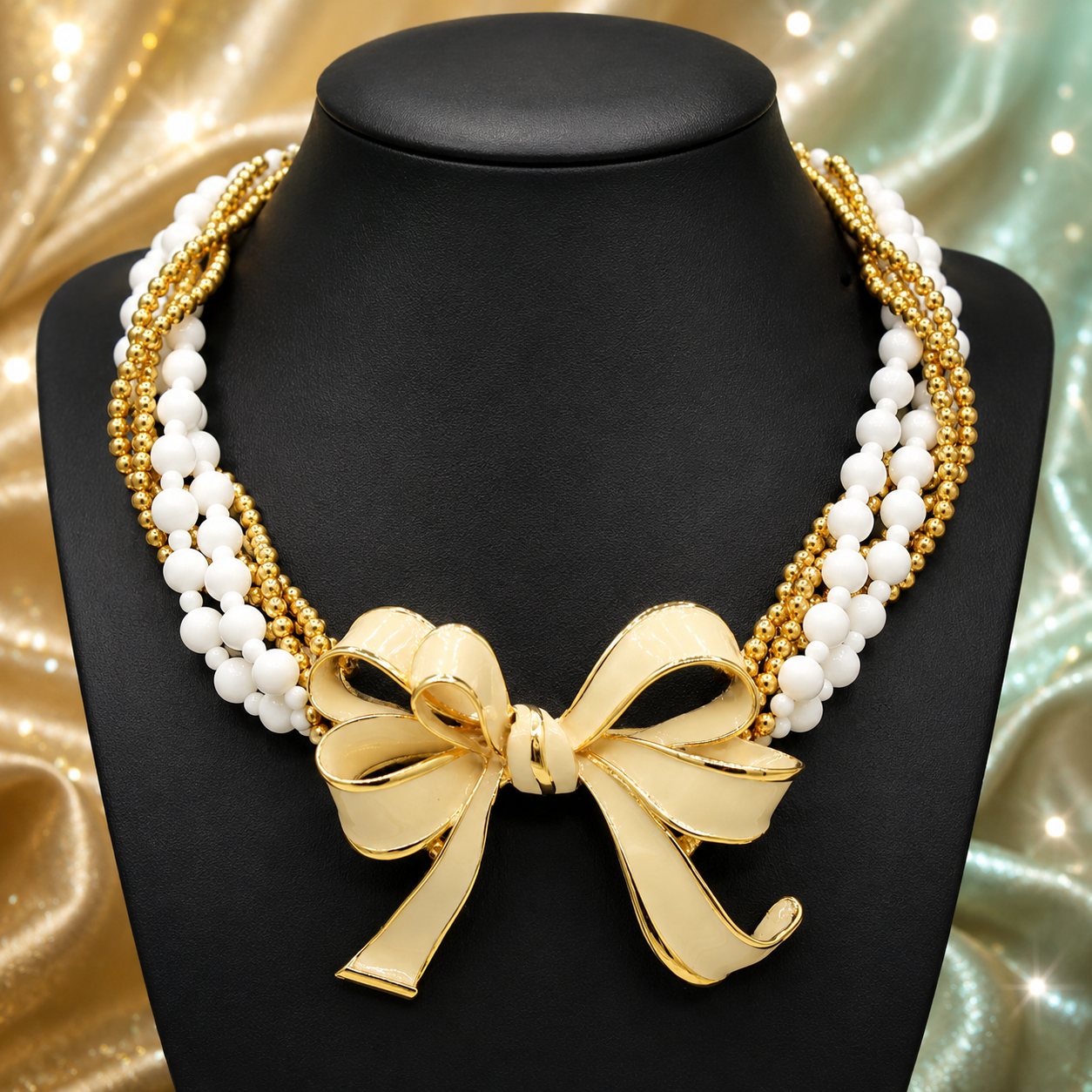 Vintage JULIANA for Les Bernard Cream Enamel Bow Bead Ball Chain Necklace IIJJ#9010
