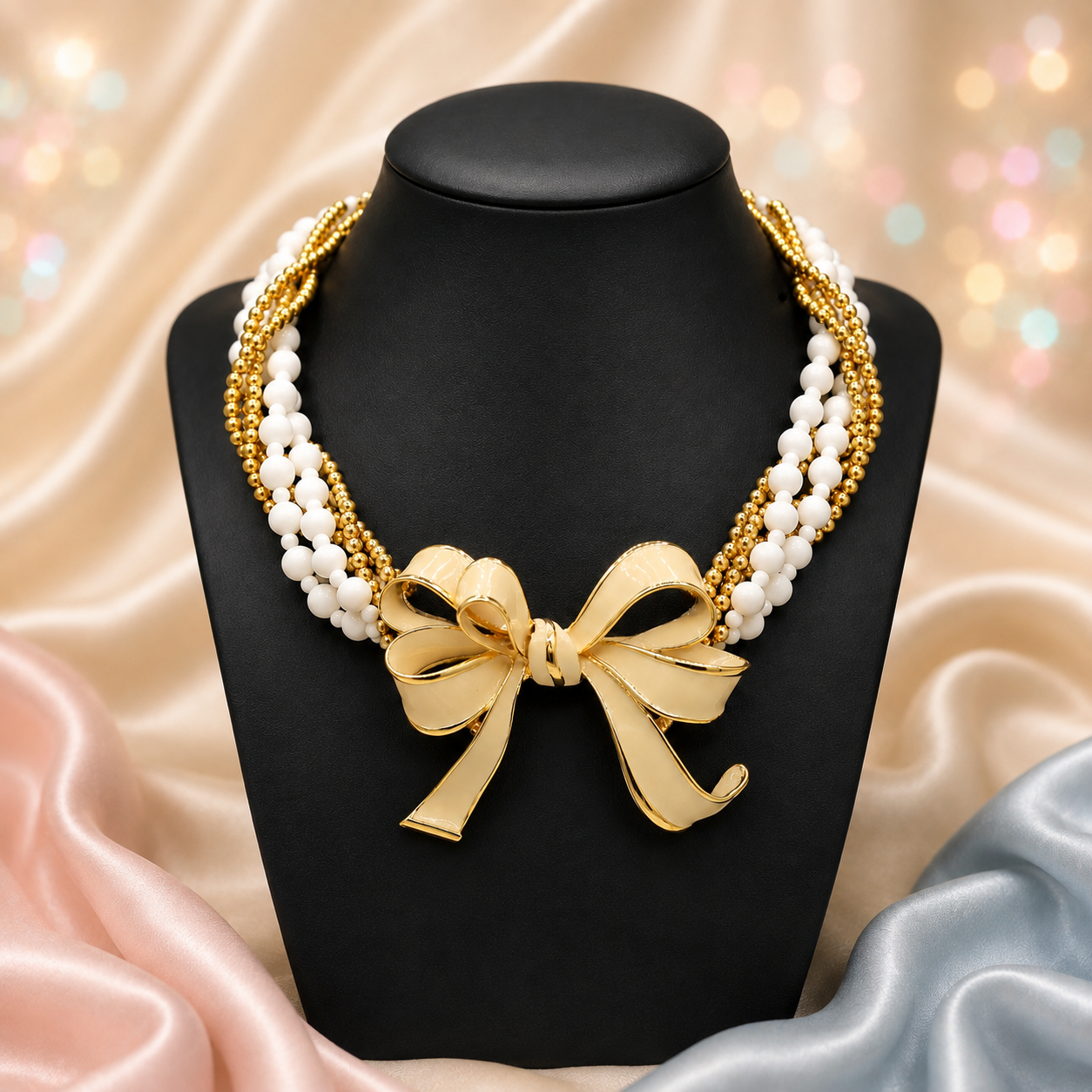 Vintage JULIANA for Les Bernard Cream Enamel Bow Bead Ball Chain Necklace IIJJ#9010