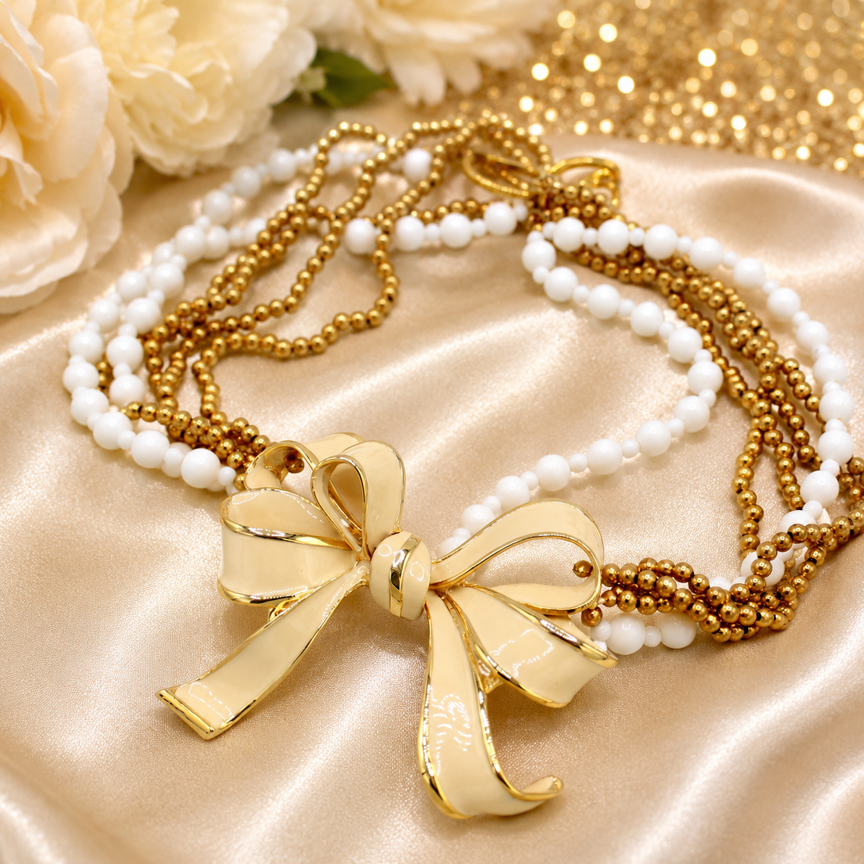 Vintage JULIANA for Les Bernard Cream Enamel Bow Bead Ball Chain Necklace IIJJ#9010