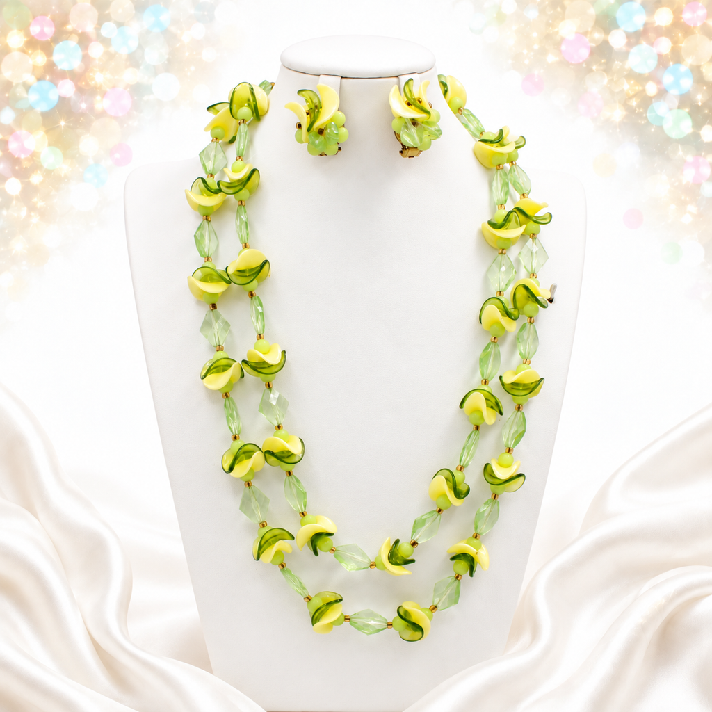 Vintage West Germany Green Yellow Plastic Double Strand Necklace Earrings Set