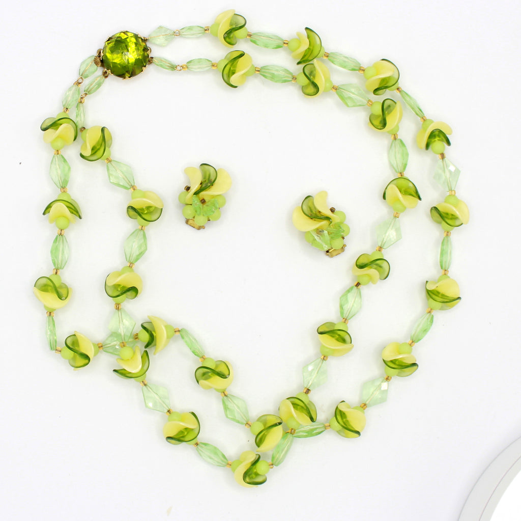 Vintage West Germany Green Yellow Plastic Double Strand Necklace Earrings Set