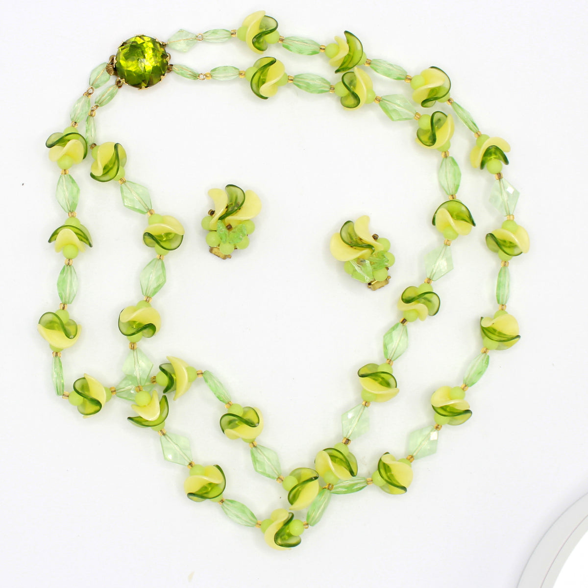 Vintage West Germany Green Yellow Plastic Double Strand Necklace Earrings Set