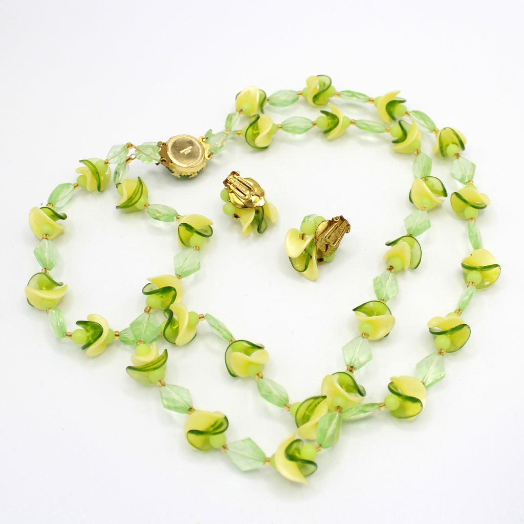 Vintage West Germany Green Yellow Plastic Double Strand Necklace Earrings Set