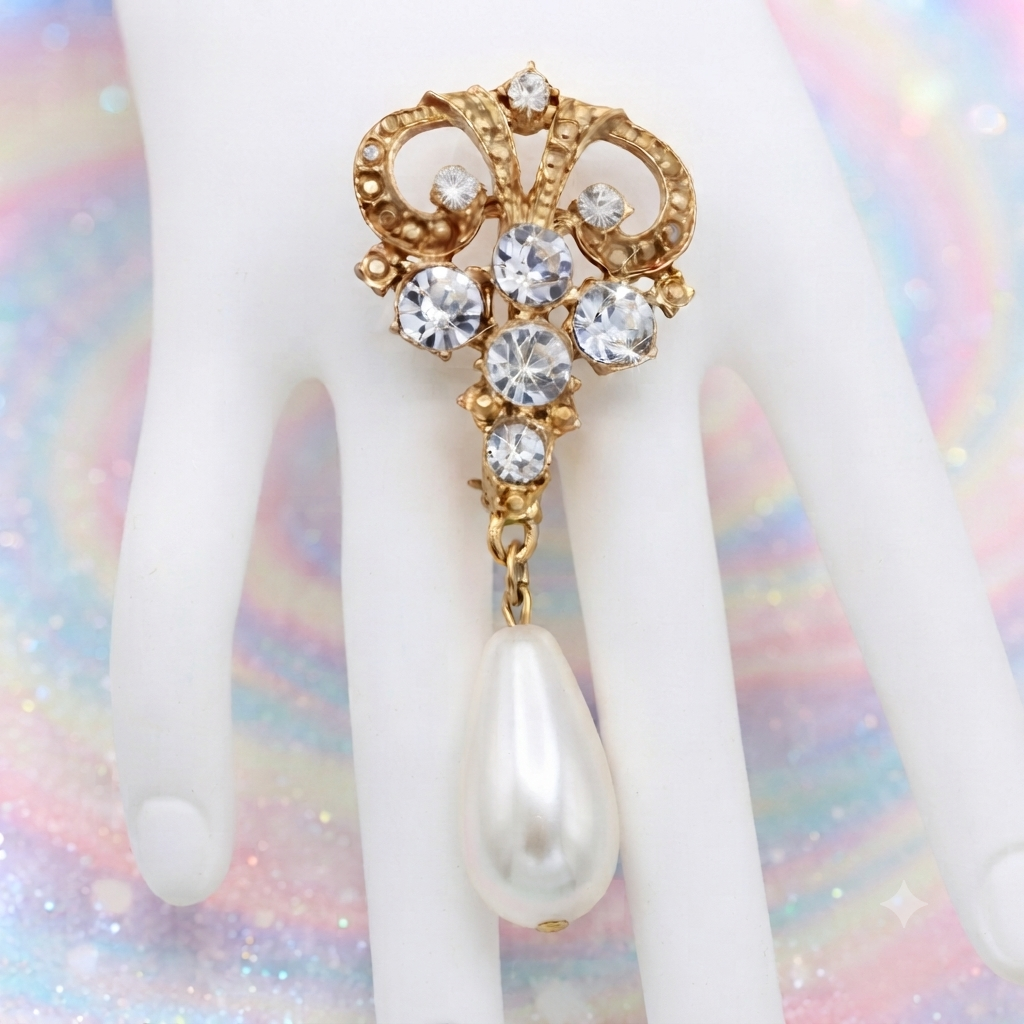 Vintage JULIANA Large Clear Rhinestone Dangle Pearl Brooch IIIJJ#9172
