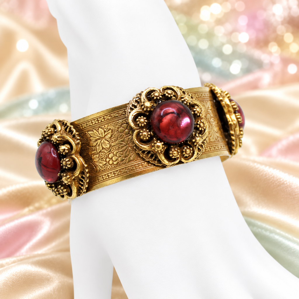 Vintage Juliana NOS Mauve Lucite Cabochon Engraved Cuff Bracelet Gold Tone IIJJ#9298