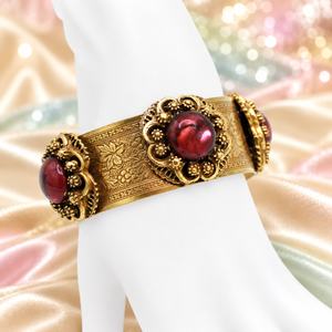 Vintage Juliana NOS Mauve Lucite Cabochon Engraved Cuff Bracelet Gold Tone IIJJ#9298
