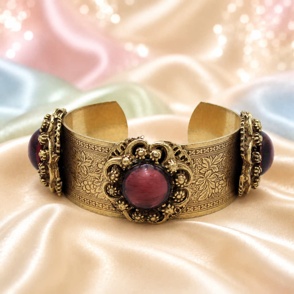 Vintage Juliana NOS Mauve Lucite Cabochon Engraved Cuff Bracelet Gold Tone IIJJ#9298