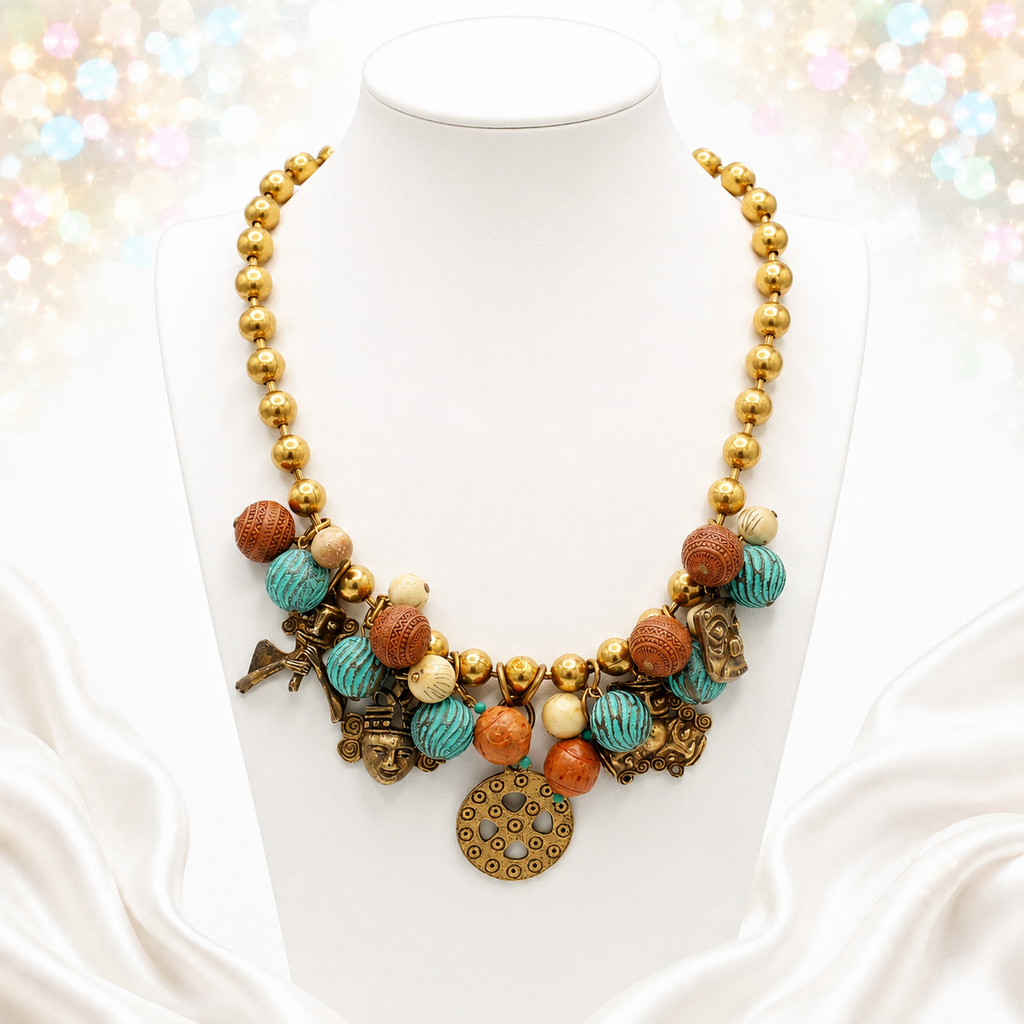 Vintage Juliana Mayan-Inspired Beaded Figural Charm Necklace 1979 IIJJ#6121