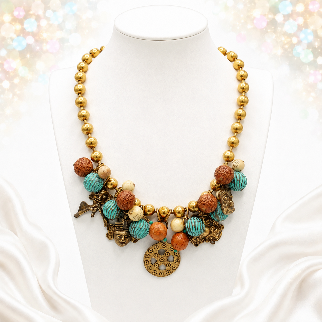 Vintage Juliana Mayan-Inspired Beaded Figural Charm Necklace 1979 IIJJ#6121