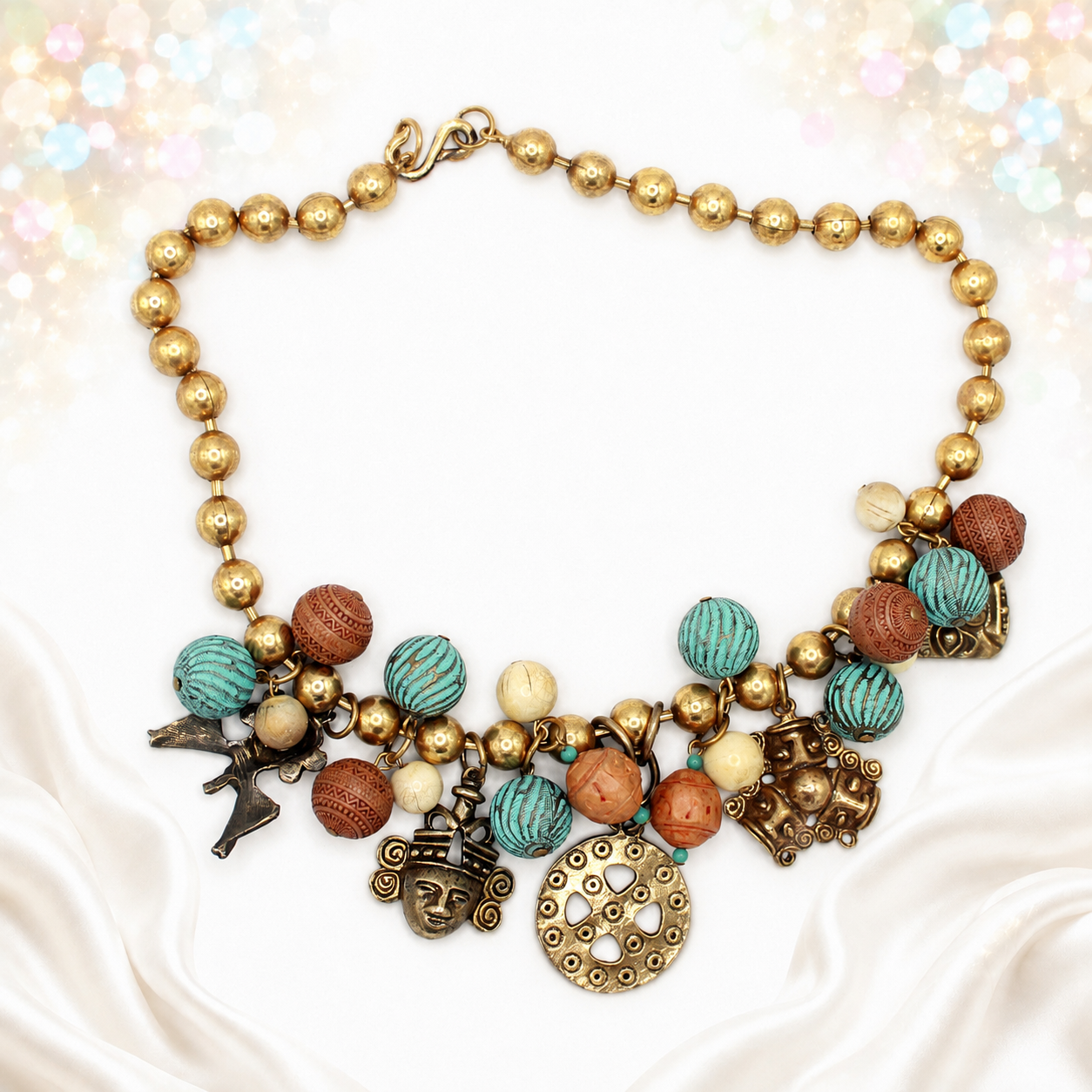 Vintage Juliana Mayan-Inspired Beaded Figural Charm Necklace 1979 IIJJ#6121