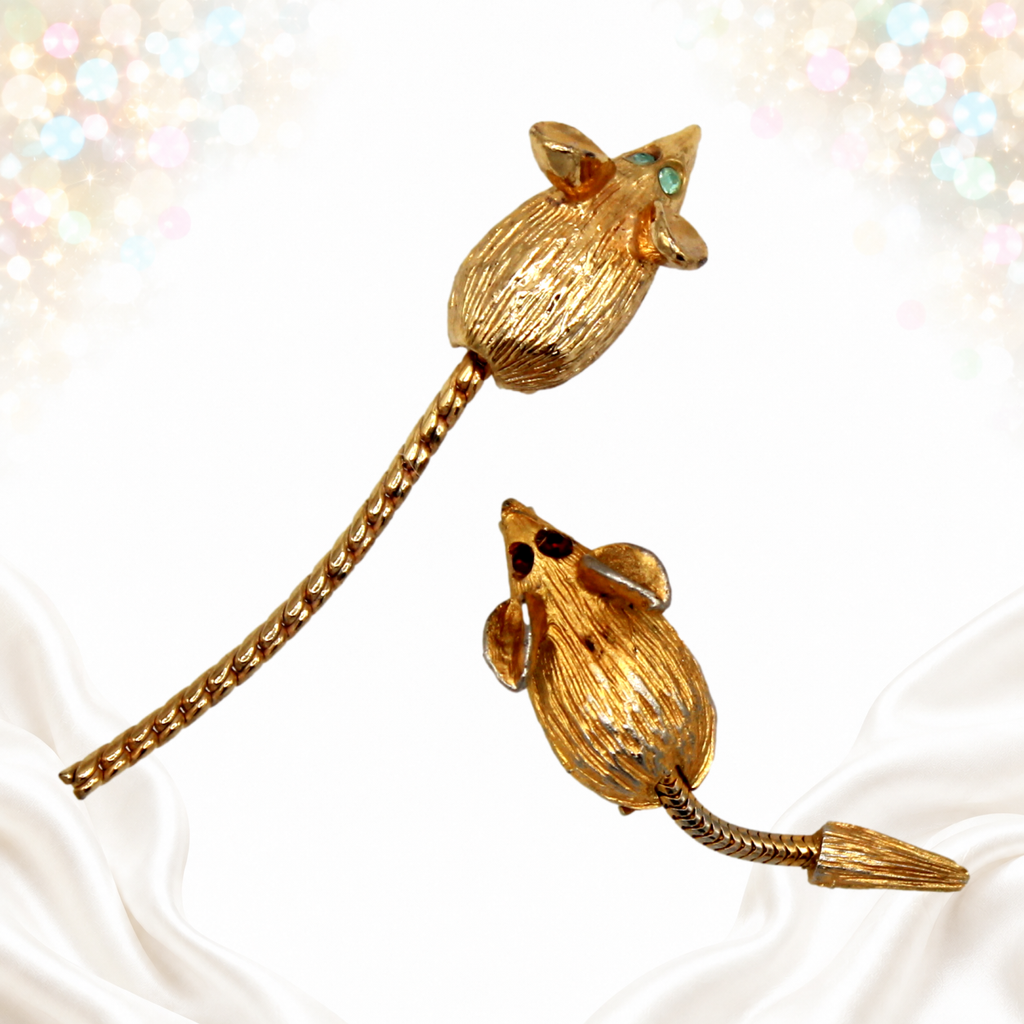 Vintage Figural Mouse Scatter Pins Pair Rhinestone Eyes Gold Tone