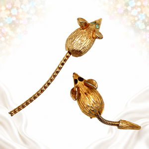 Vintage Figural Mouse Scatter Pins Pair Rhinestone Eyes Gold Tone