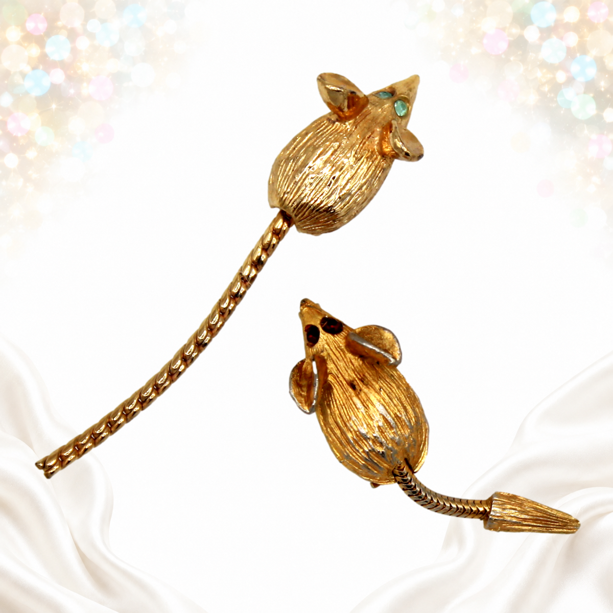 Vintage Figural Mouse Scatter Pins Pair Rhinestone Eyes Gold Tone