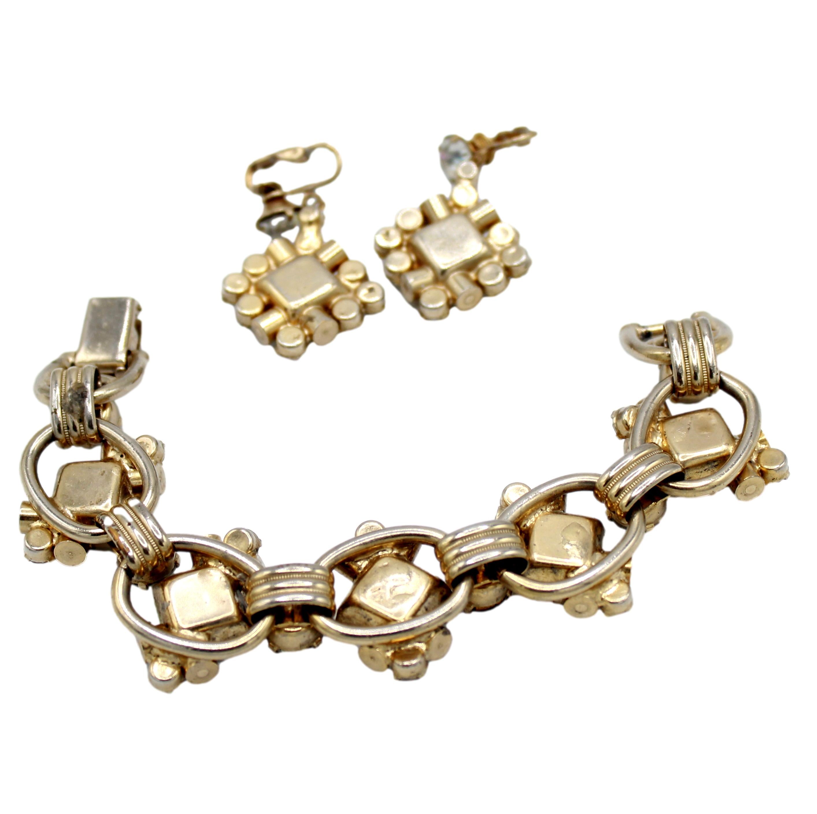 Vintage Juliana Mother of Pearl Rhinestone Bracelet & Earrings Set IIJJ #1209
