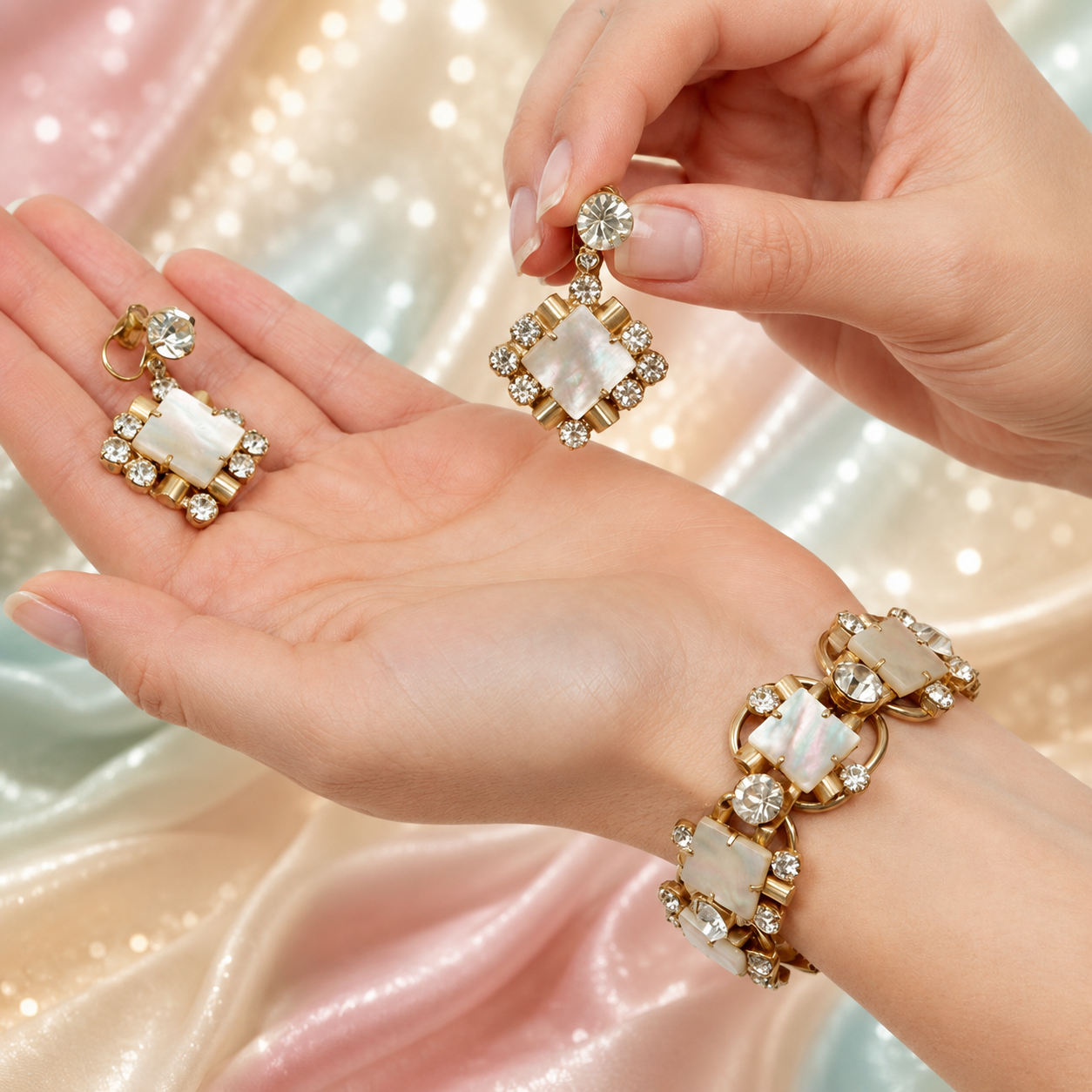 Vintage Juliana Mother of Pearl Rhinestone Bracelet & Earrings Set IIJJ #1209