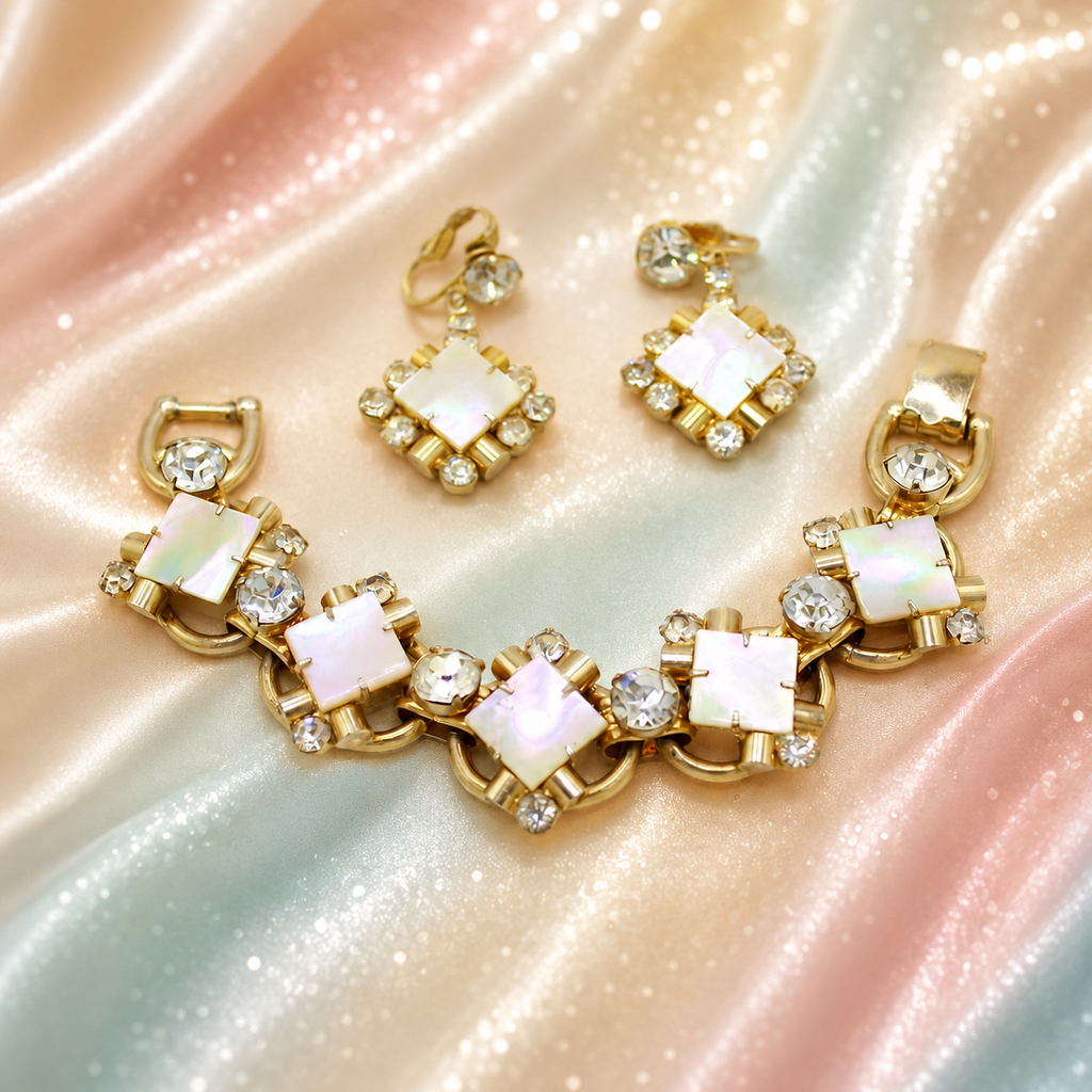Vintage Juliana Mother of Pearl Rhinestone Bracelet & Earrings Set IIJJ #1209