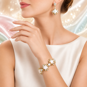 Vintage Juliana Mother of Pearl Rhinestone Bracelet & Earrings Set IIJJ #1209