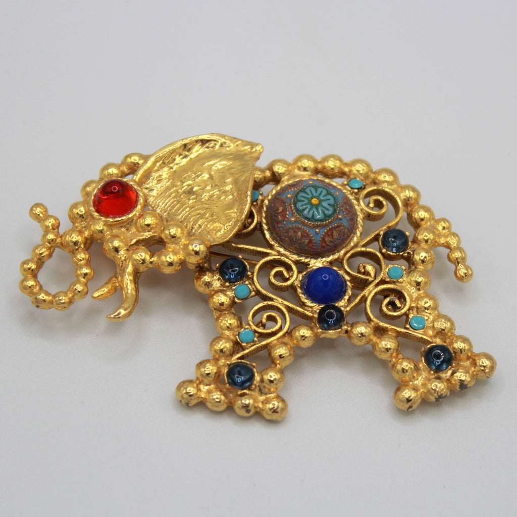 Vintage Juliana Moroccan Matrix Ball Chain Elephant Rhinestone Figural Pendant Brooch IIJJ#3333