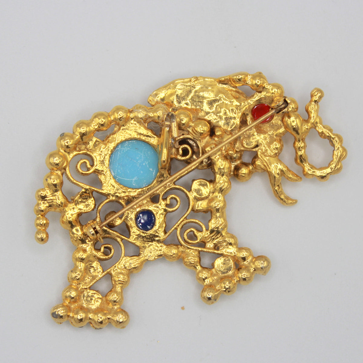 Vintage Juliana Moroccan Matrix Ball Chain Elephant Rhinestone Figural Pendant Brooch IIJJ#3333