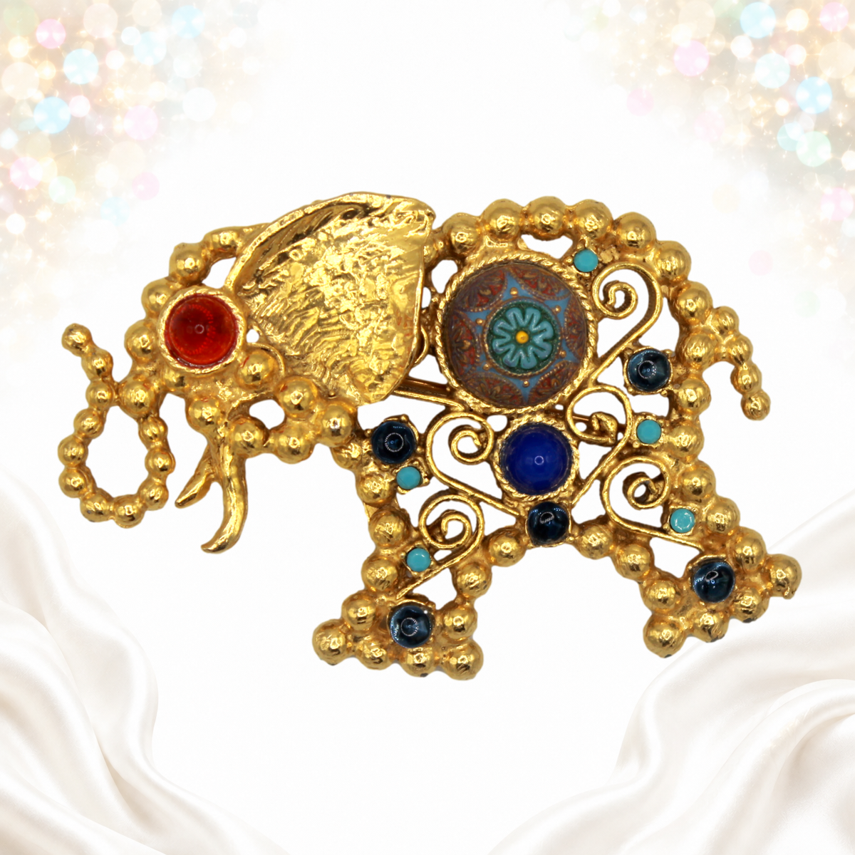 Vintage Juliana Moroccan Matrix Ball Chain Elephant Rhinestone Figural Pendant Brooch IIJJ#3333