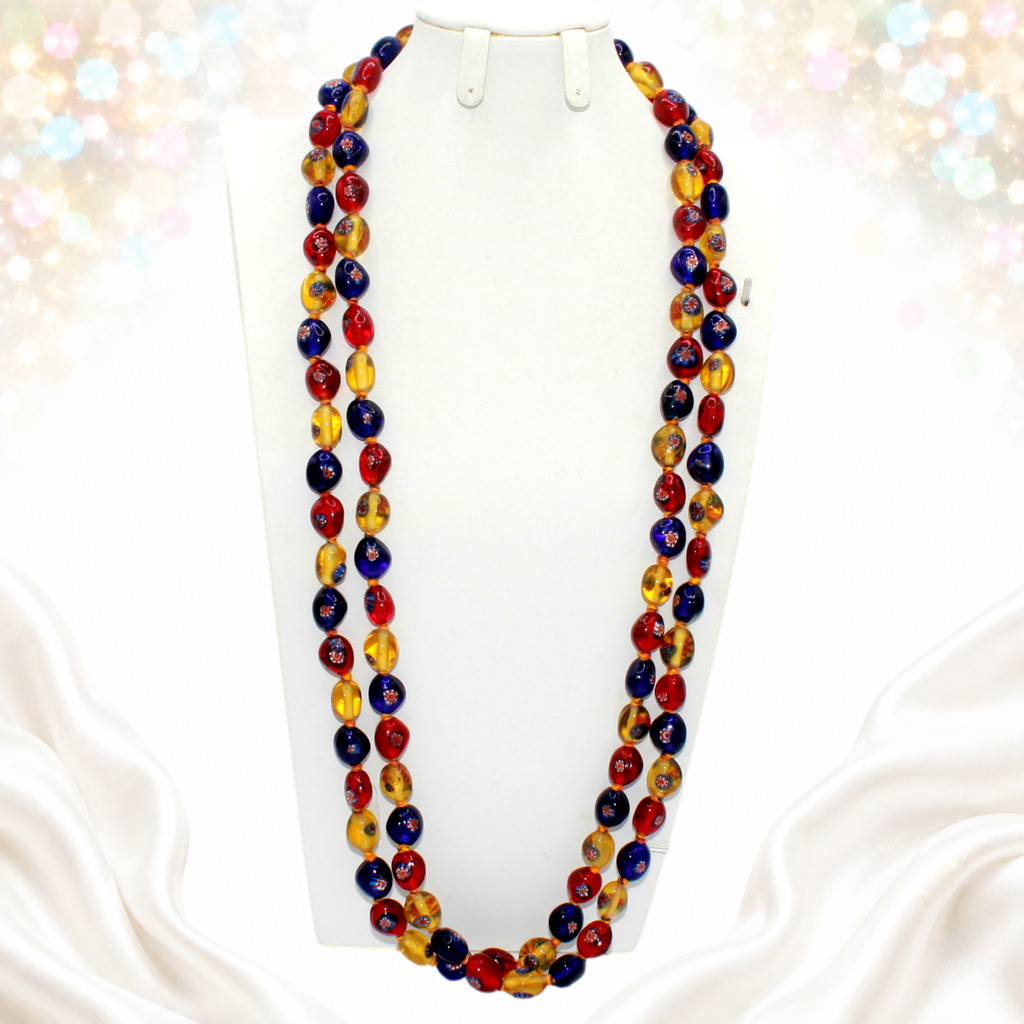 Vintage Murano Millefiori Glass Bead Rope Necklace 39 Inch Hand Knotted