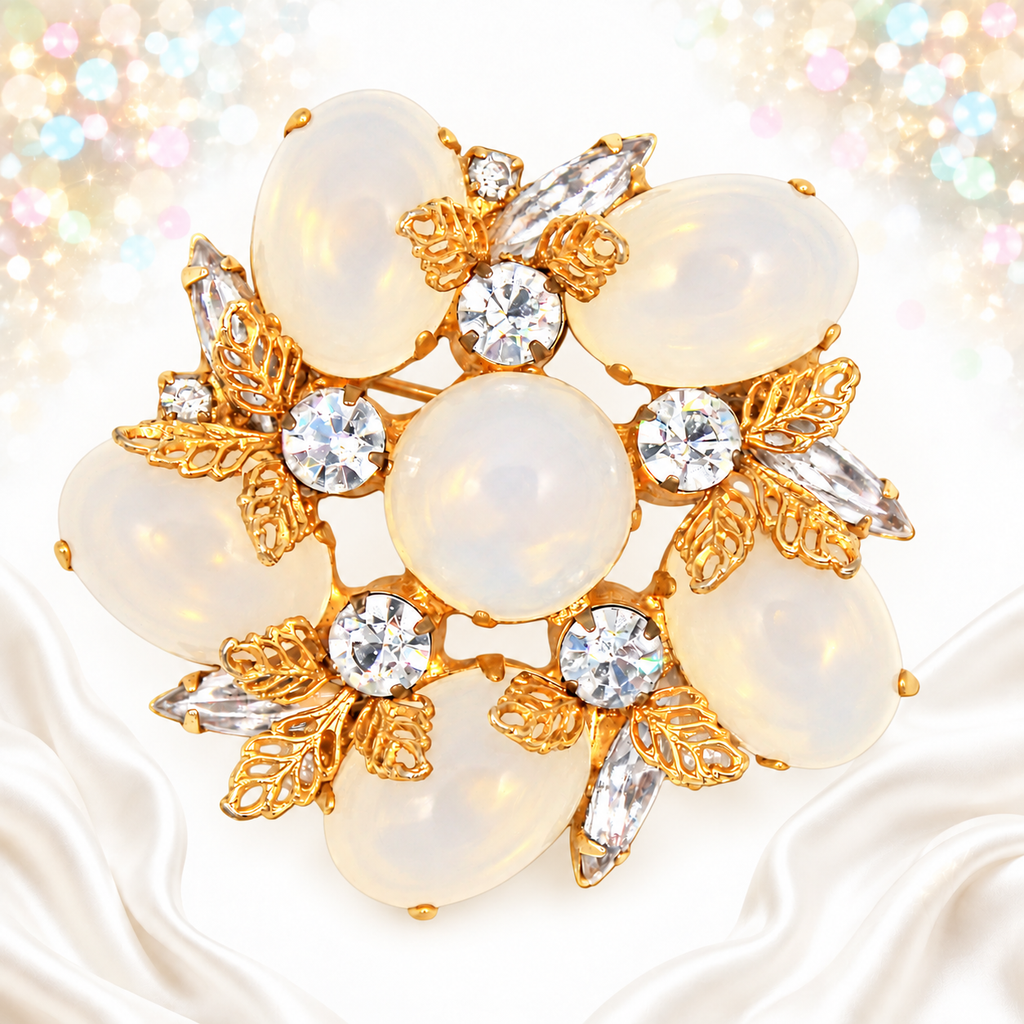 Vintage Juliana Faux Opal Lucite Clear Rhinestone Flower Brooch IIJJ#9709